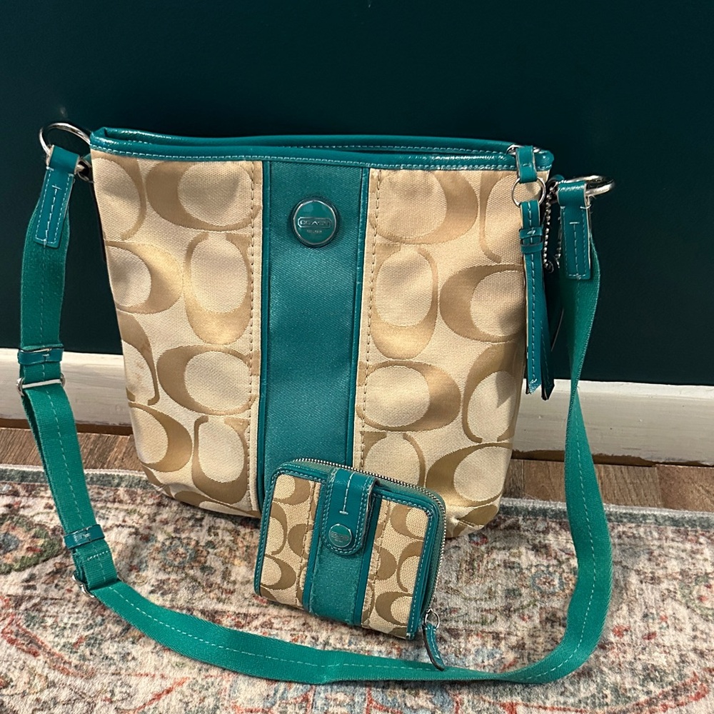 SOLD Coach Teal and Cream Crossbody Bag and Wallet